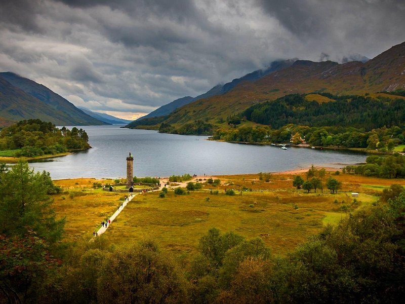 The Glenfinnan Monument at the head of Loch Shiel, with the hills closing in behind